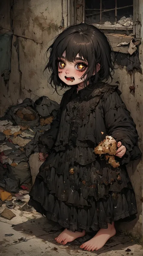  high definition , masterpiece,   best quality ,  Gothic Horror, Half-demon girl ,  from jlullaby , Sparkling Eyes,  eats leftovers ,  wears old clothes, barefoot, corrosion,  slum,  garbage dumps,  from jlullaby の住人