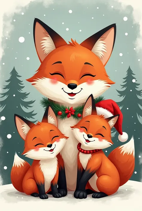 Logo "Team fox "  fox daddy with 2 baby foxes with Christmas decor 