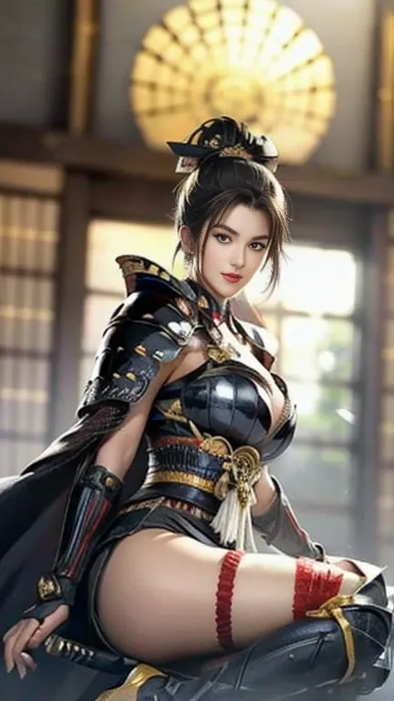   Beautiful black-haired woman ：1.3,  AMAZING CHARACTER ART , Topknot ,((dynamic pose)),(looking at viewer),(facing at viewer),((indian style, sitting)),((  black night armor :1.3 )),Breasts are 2 /3 exposed skin ,medium breasts,cleavag,underboob,plunging ...