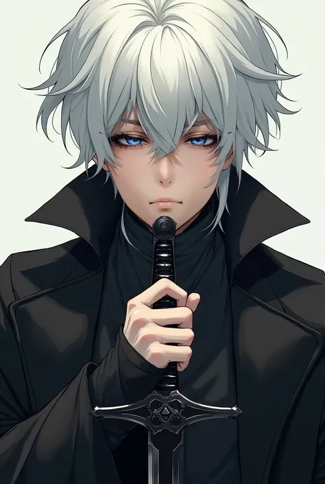  A young man with white hair and red eyes,  your appearance is exactly beautiful , and at the same time , fragile. your skin is fair,  to the point of appearing translucent and his intimidating expression . He wears a black overcoat . He wields a sword wit...