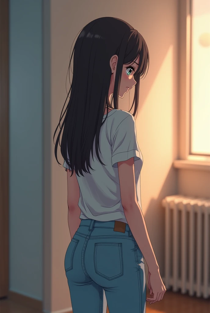 A close view of young anime womans back standing in a room, wearing light blue skinny jeans and white t-shirt