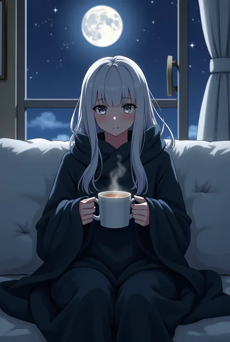 Long white hair、Bangs are blunt、Im wearing a blanket over my head on a fluffy sofa、adult、Black knit、 holding a hot drink in a mug、 The Last Night、Moon and Stars、 eye color is gray and saggy、The atmosphere is like talking in secret 、 smiles、 anime style