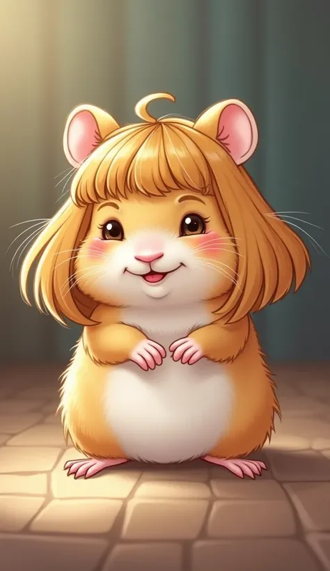 Illustrate a golden hamster wearing a bob hairstyle wig, set in a realistic style. The hamster should have a cute and playful expression, with its small paws resting on the wig. The background should be softly blurred to emphasize the hamster, while natura...