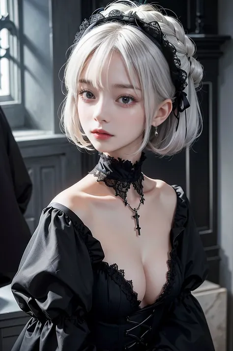  This beautiful girl has short white hair and gothic Lolita style {x} Please draw a very beautiful girl with a short white bob hairstyle and a gothic lolita costume.。 She has an elegant and dark vibe .、 Her presence in the Gothic Lolita world stands out .。...