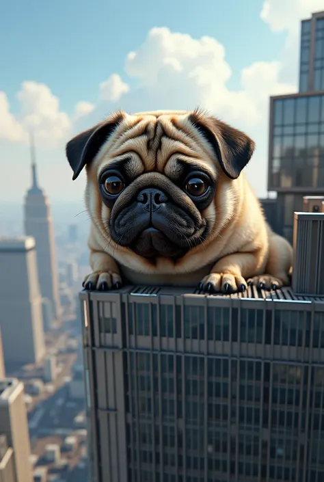 A giant pug peeking out from the roof of a skyscraper