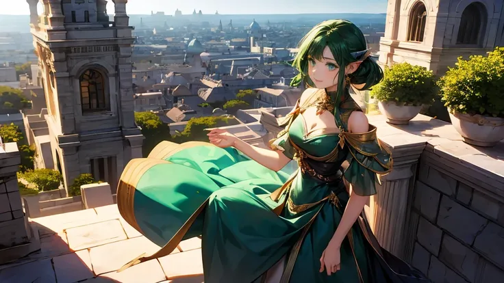 Elf woman in a dress, beautiful and elegant female elf, 2.  5D CGI anime fantasy artwork, Fantasy MMO、Ancient floating cityを眺める美しいエルフ,Pointy Ears、 green hair、 emerald green eyes 、Ancient floating city、The water flows gently 、 Im looking at a fantastic land...