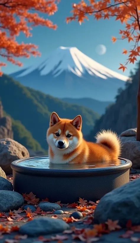 Realistic. Photorealistic. Image is vibrantly colored.
Photo,Highly detailed

A Shiba Inu puppy is in the bathtub, looking very comfortable.
The background is a rock bath in the mountains with rugged rocks rolling around.
A moonlit autumn night with a view...