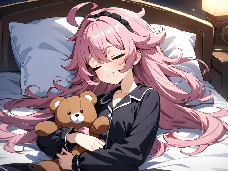 Holding Teddy Bear, sleeping on the bed, smile, cute, pretty,  small girl, black cute pajamas, floating hair, very messy hair, ahoge, pink hair, spiked hair, long hair, black hairband, 1girl, best quality, amazing quality, very aesthetic, highres, incredib...