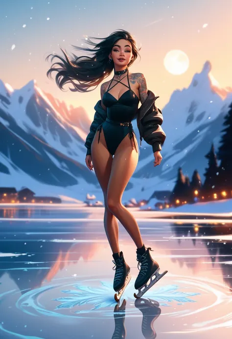  adult female with brown skin and flowing black hair, dressed in simple Gothic clothing and wearing ice skates, gracefully ice skating on a frozen pond under the ethereal glow of a full blood moon. The scene is set in the serene stillness of midnight, tatt...