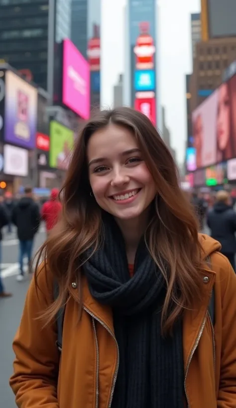 A 27 year old girl, brown hair,  smiling.  The photo was taken with an iPhone and it doesnt look professional.  It seems that a normal person took the photo with their cell phone , realistic, full hd,8k, times square 2024