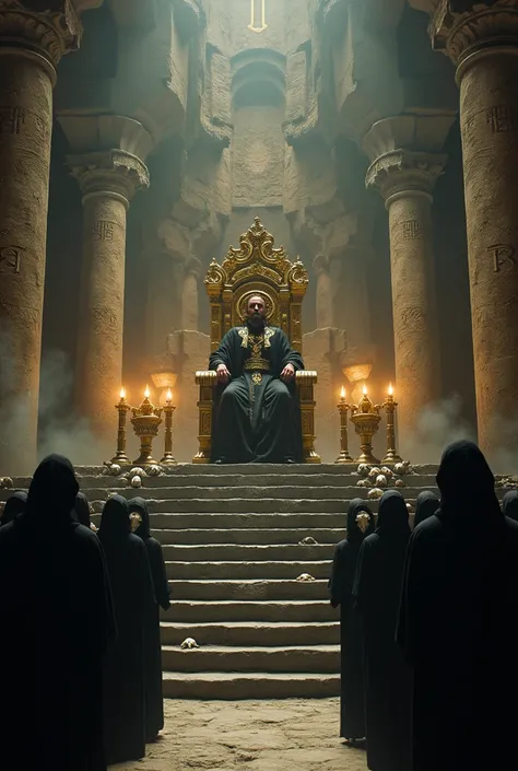 An ultra-realistic and cinematic depiction of Henry Cavill as a high priest, seated regally on a golden throne adorned with intricate carvings and human skulls. He wears a black robe with golden embroidery and pentagrams, exuding power and authority. His s...