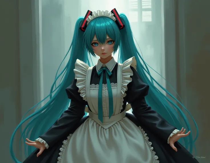 (((maid clothes)))), (((big)))), drunken eyes, Hatsune Miku,