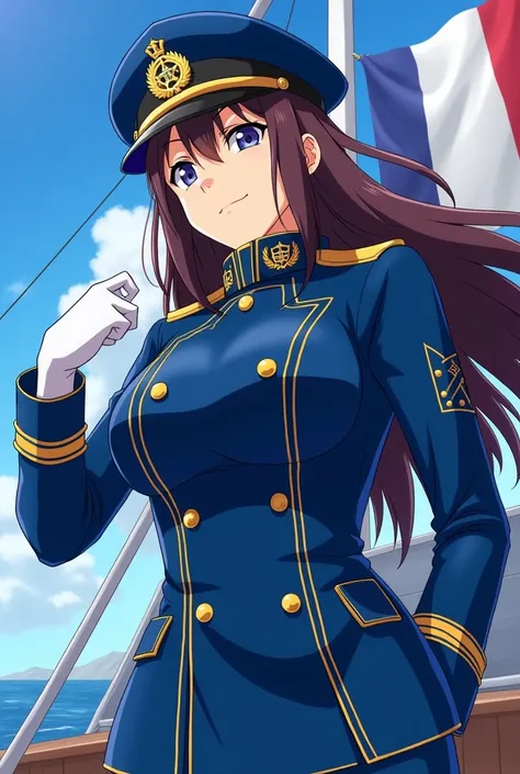 fusilier marin style anime, In blue on a boat, avec drapeau français