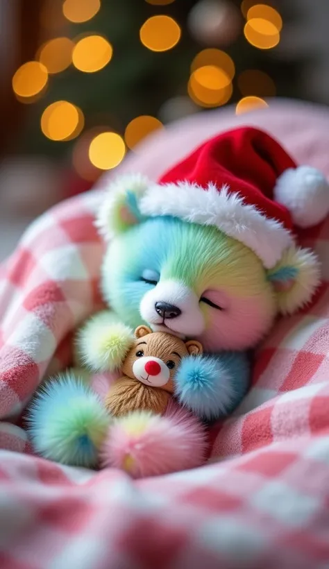 A realistic image of a baby bear with fluffy pastel rainbow-colored fur, blending only shades of pink, blue, green, and white. The bear cub is lying on its back, wearing a red Santa hat with fluffy white trim and pompom, while gently hugging a tiny reindee...