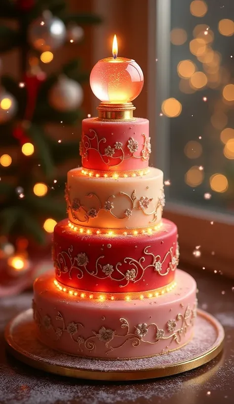 A luxurious wedding candle inspired by LOréals signature cosmetics colors, designed in the shape of a wedding cake, with a festive Christmas background. The multi-tiered candle features rich hues such as deep red, shimmering gold, blush pink, and soft beig...