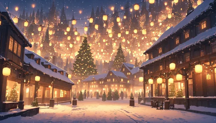 A snowy village square at dusk, with a tall Christmas tree in the center surrounded by glowing lanterns and strings of lights. The surrounding houses are warmly lit, with smoke curling from their chimneys, and the scene feels peaceful and magical.