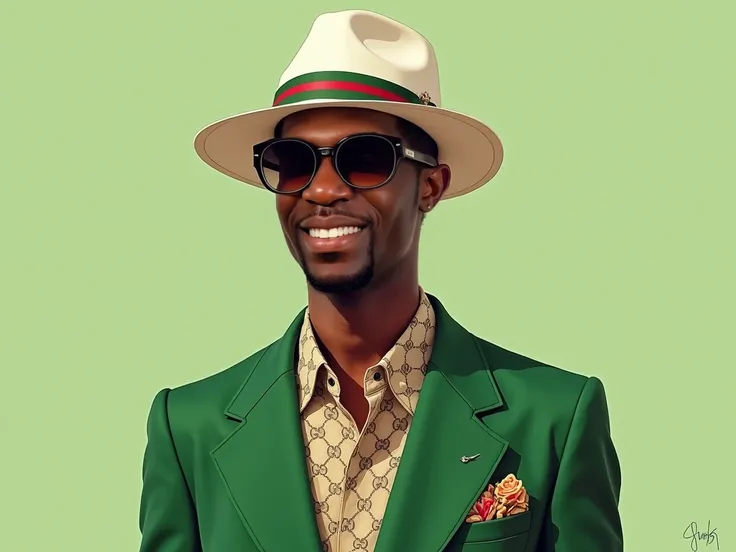 Draw a realistic human image in 8k of the Podcaster named Kwaufi Nino smiling and with brighter skin and wearing a White or cream Brim hat with the gucci green and red stripe band on it and wearing a very nice all green Gucci Suit with a pocket swatch in t...