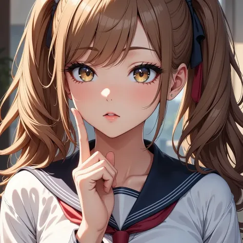  beautiful woman,   1 girl,   face up ,   with attractive body, ＪＫ, (((smile,   light brown hair:1.2,   Long Twin Tails  ))),   sailor suit , ((  Hand Sign on the Side of Your Face , v :1.8)),   very pretty face  , Lip details,    beautiful eyes ,  double ...