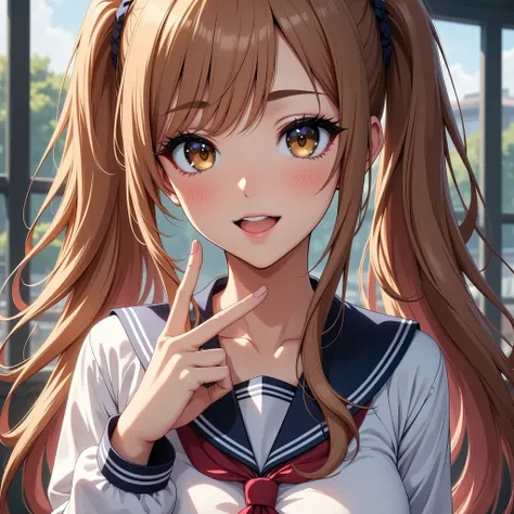  beautiful woman,   1 girl,   face up ,   with attractive body, ＪＫ, (((smile,   light brown hair:1.2,   Long Twin Tails  ))),   sailor suit , ((  Hand Sign on the Side of Your Face , v :1.8)),   very pretty face  , Lip details,    beautiful eyes ,  double ...