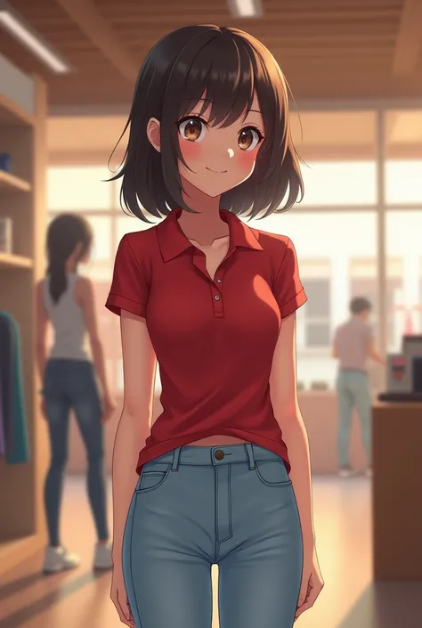 A close view of young anime woman standing in a store, with shoulder-length brunette hair and dark brown eyes, wearing red skinny polo shirt with short sleeves tucked into light blue skinny jeans, looking with smile, view frоm her back