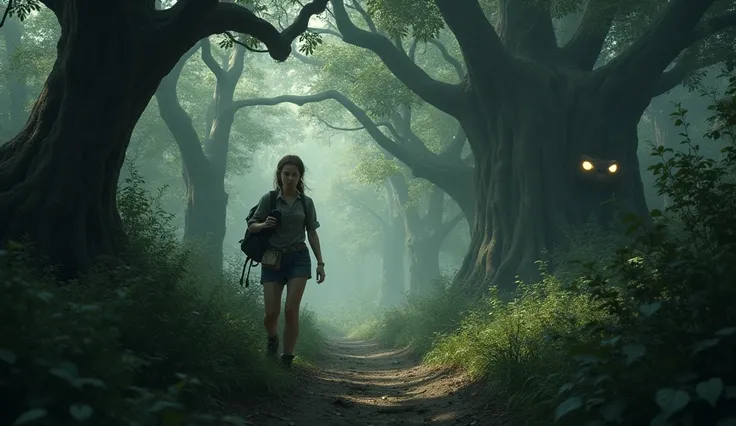 A determined young woman with a curious expression carefully treads along a narrow, overgrown forest trail. She carries a worn leather backpack, her left hand clutching a notebook and her right holding a camera. Her outfit is practical—dark jeans, hiking b...