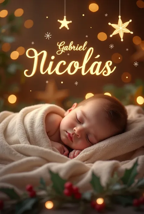 GABRIEL NICOLÁS name sign with Christmas background and a baby sleeping 