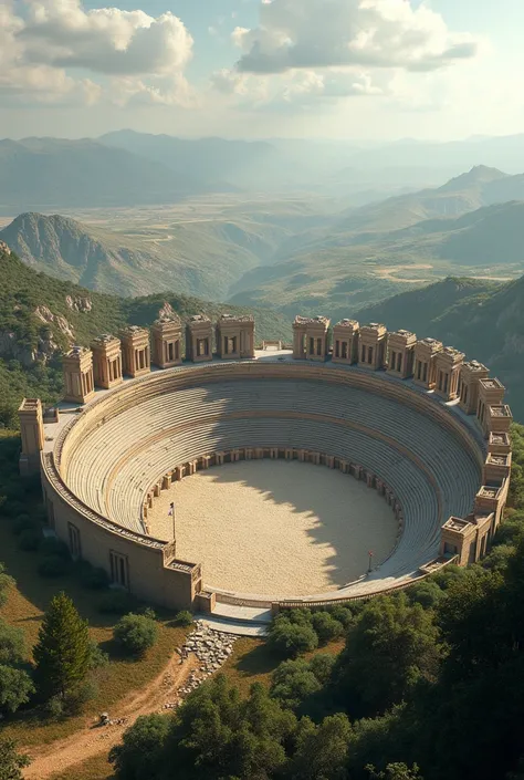 Une arène de la mythologie grecque vu de tres loin encore plus loin depuis le ciel entoure dun terrain vaste 