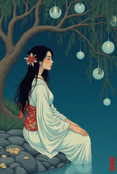 Japanese painting, ukiyo-e, night, Christmas decorations on a willow tree, old pond, beautiful woman, disheveled straight long hair, wearing white Japanese kimono, several pale blue round fireballs, BREAK masterpiece, best quality, very aesthetic, absurdre...