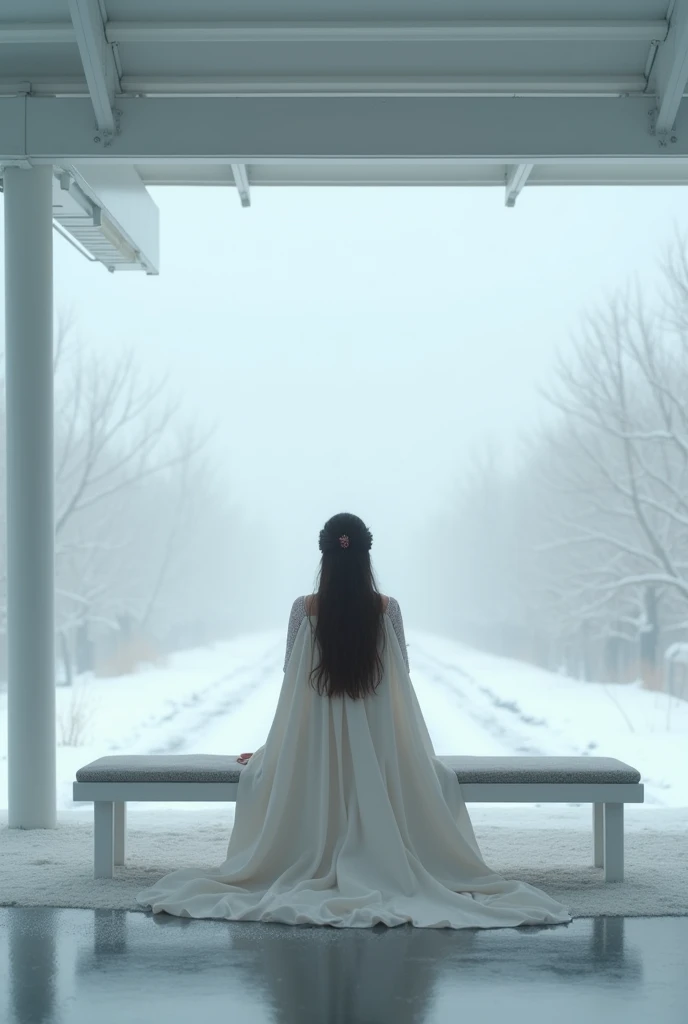 ((masterpiece, highest quality, Highest image quality, High resolution, Extremely detailed photography, 8k wallpaper)), long distance shot of a lady figure sitting in a all white bus station alone, winter, romantic, front view, all white 