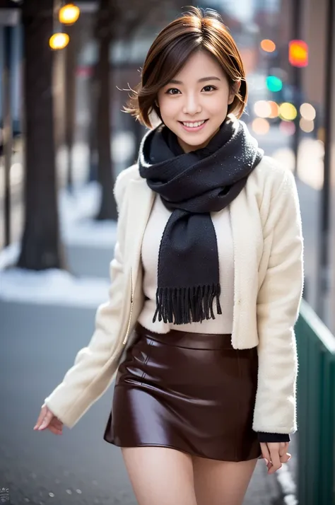 (8k, RAW photo, photorealistic, HQ, masterpiece), a cute Japanese woman, (glowing eyes), 
(cute smile), Having a conversation, brown hair,
Pixie Bob hair, large breasts, (Stylish early winter clothes), Scarf, jacket, tight long skirt, (walking early winter...