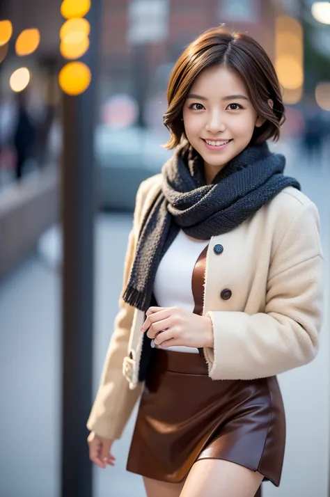 (8k, RAW photo, photorealistic, HQ, masterpiece), a cute Japanese woman, (glowing eyes), 
(cute smile), Having a conversation, brown hair,
Pixie Bob hair, large breasts, (Stylish early winter clothes), Scarf, jacket, tight long skirt, (walking early winter...