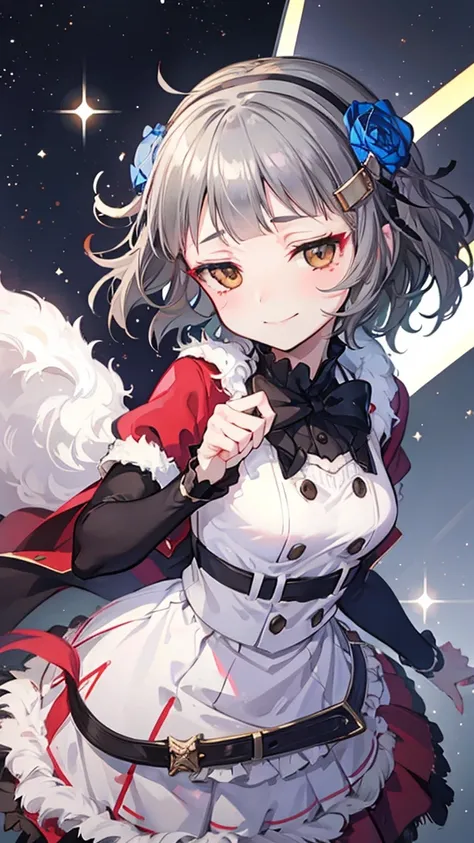 (((solo))), 1 woman, Sakuya Kurobane, sakuyaunif, kurobane_sakuya, (brown eyes), short hair, grey hair, black hairband, blue hair flower, red eyeliner, chest, blush, smile, (upper body), santa claus