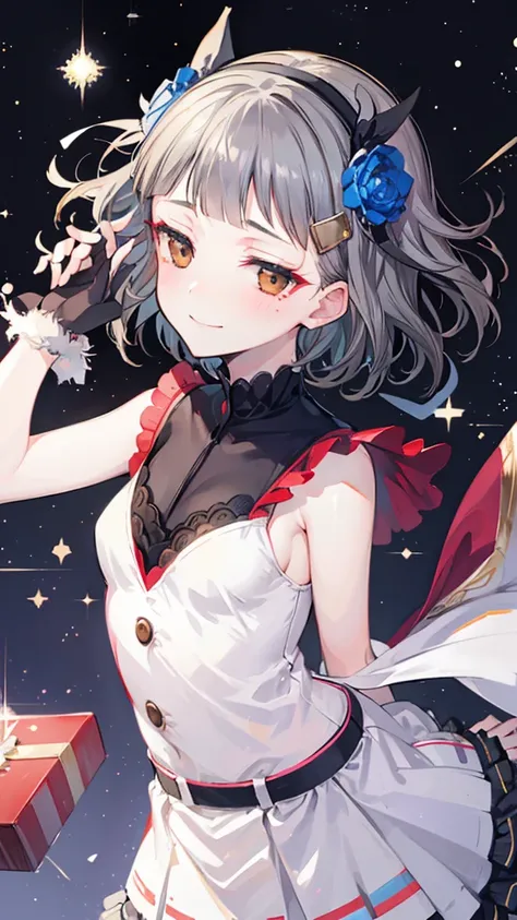 (((solo))), 1 woman, Sakuya Kurobane, sakuyaunif, kurobane_sakuya, (brown eyes), short hair, grey hair, black hairband, blue hair flower, red eyeliner, chest, blush, smile, (upper body), santa claus