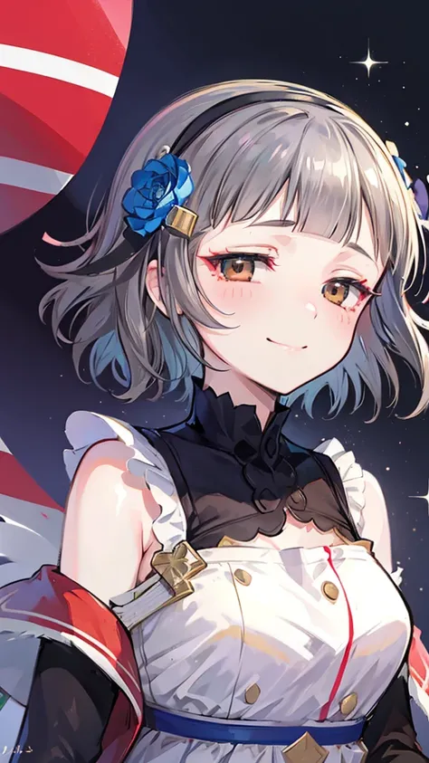 (((solo))), 1 woman, Sakuya Kurobane, sakuyaunif, kurobane_sakuya, (brown eyes), short hair, grey hair, black hairband, blue hair flower, red eyeliner, chest, blush, smile, (upper body), santa claus