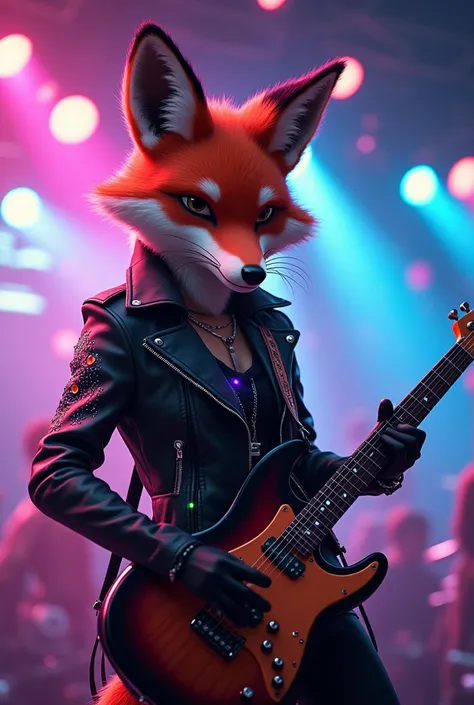 "A lively concert scene with an anthropomorphic fox playing an electric guitar. The fox has sleek fur, glowing tattoos, and wears a leather jacket with LEDs. The stage is illuminated with colorful spotlights and holographic effects, creating a rock-meets-f...