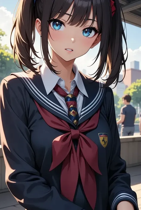 Young high school girl waiting at the bus stop,  Intricate Details ,  beautiful fine eyes,  beautiful detailed lips,  Highly Detailed Faces and Eyes ,  has long eyelashes,  school uniform,  Standing Pose , Realistic, photoRealistic, photo-Realistic,  best ...