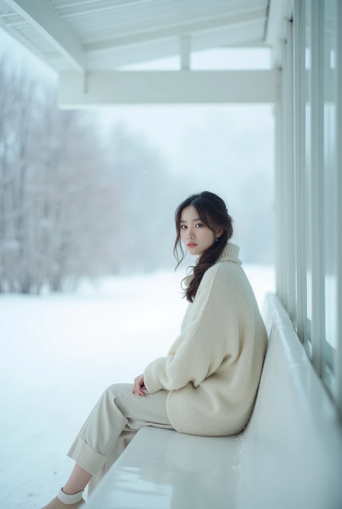 ((masterpiece, highest quality, Highest image quality, High resolution, Extremely detailed photography, 8k wallpaper)), long distance shot of a lady figure sitting in a all white bus station alone, winter, romantic, facing viewer , all white sweaters, Japa...