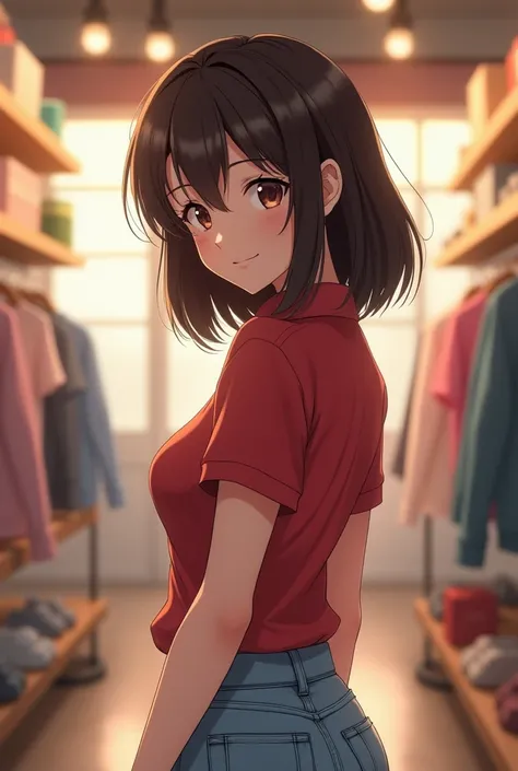 A close view of young anime woman standing in a store, with shoulder-length brunette hair and dark brown eyes, wearing red skinny polo shirt with short sleeves and light blue skinny jeans, looking with smile, view frоm her back