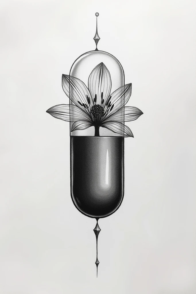 A black and white tattoo that is of an open pill with a flower coming out 