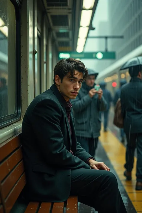 A young man who is frustrated with life. He misses his train on his way to work. A train station in New York. The young man is sitting. It is rainy weather. It is a story from the 1980s. People are busy at the train station. There are a lot of people.