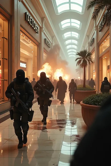 In the beautiful shopping mall  terrests are firing  by guns to people