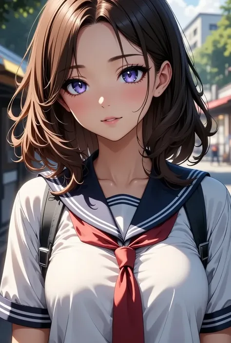 Young high school girl waiting at the bus stop,  Intricate Details ,  beautiful fine eyes,  beautiful detailed lips,  Highly Detailed Faces and Eyes ,  has long eyelashes,  school uniform,  Standing Pose , Realistic, photoRealistic, photo-Realistic,  best ...