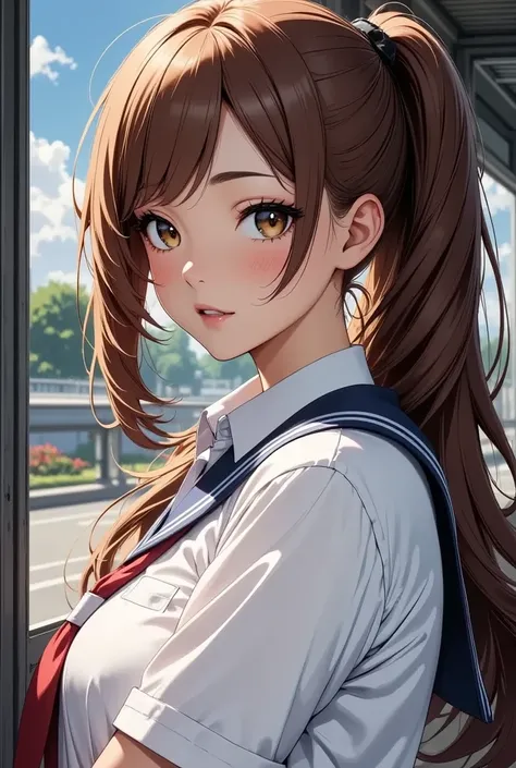 Young high school girl waiting at the bus stop,  Intricate Details ,  beautiful fine eyes,  beautiful detailed lips,  Highly Detailed Faces and Eyes ,  has long eyelashes,  school uniform,  Standing Pose , Realistic, photoRealistic, photo-Realistic,  best ...