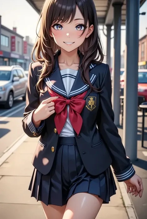 Young high school girl waiting at the bus stop,  Intricate Details ,  beautiful fine eyes,  beautiful detailed lips,  Highly Detailed Faces and Eyes ,  has long eyelashes,  school uniform,  Standing Pose , Realistic, photoRealistic, photo-Realistic,  best ...