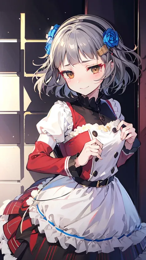 (((solo))), 1 woman, Sakuya Kurobane, sakuyaunif, kurobane_sakuya, (brown eyes), short hair, grey hair, black hairband, blue hair flower, red eyeliner, chest, blush, smile, (upper body), santa claus