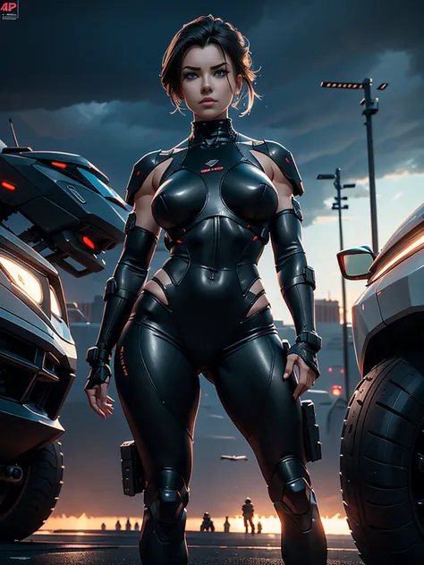 young beautiful woman, big firm breasts, perfect proportions, special forces soldier, she stands on a wide plain, she has several military body implants, in the future, cyberpunk, the sky is completely covered with dark storm clouds, dark, anime, sexy, ero...