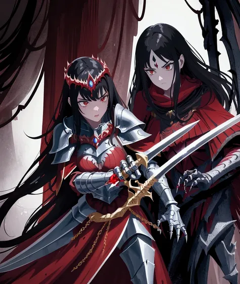 1girl in a red cloak, beautiful princess, brave and noble, wearing a bikini armor, beautiful black hair, shimmering ring on her finger, dramatic sword battle scene against detailed skeletal monster, heroic, in a dark cave, fantasy battle, action pose, mast...