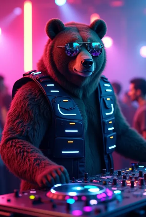 "A bustling club scene with an anthropomorphic bear as the DJ. The bear has a rugged look, wearing a futuristic vest with glowing neon strips. The console pulsates with colorful lights, and the crowd is reflected in the bears mirrored sunglasses."