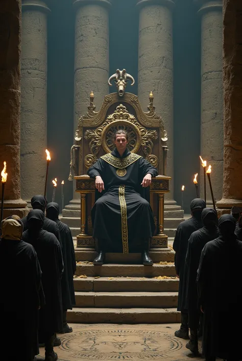 An ultra-realistic and cinematic portrayal of Henry Cavill as a high priest, seated on a massive golden throne adorned with intricate carvings and human skulls. His chiseled jawline, piercing blue eyes, and dark wavy hair exude charisma and authority. He w...