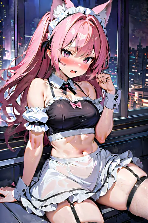 NSFW,masterpiece, best quality, high definition , Very detailed, Beast Ears,Embarrassed,blush, maid outfit , crop top, off-shoulder , miniskirt, garter strap, in the city at night